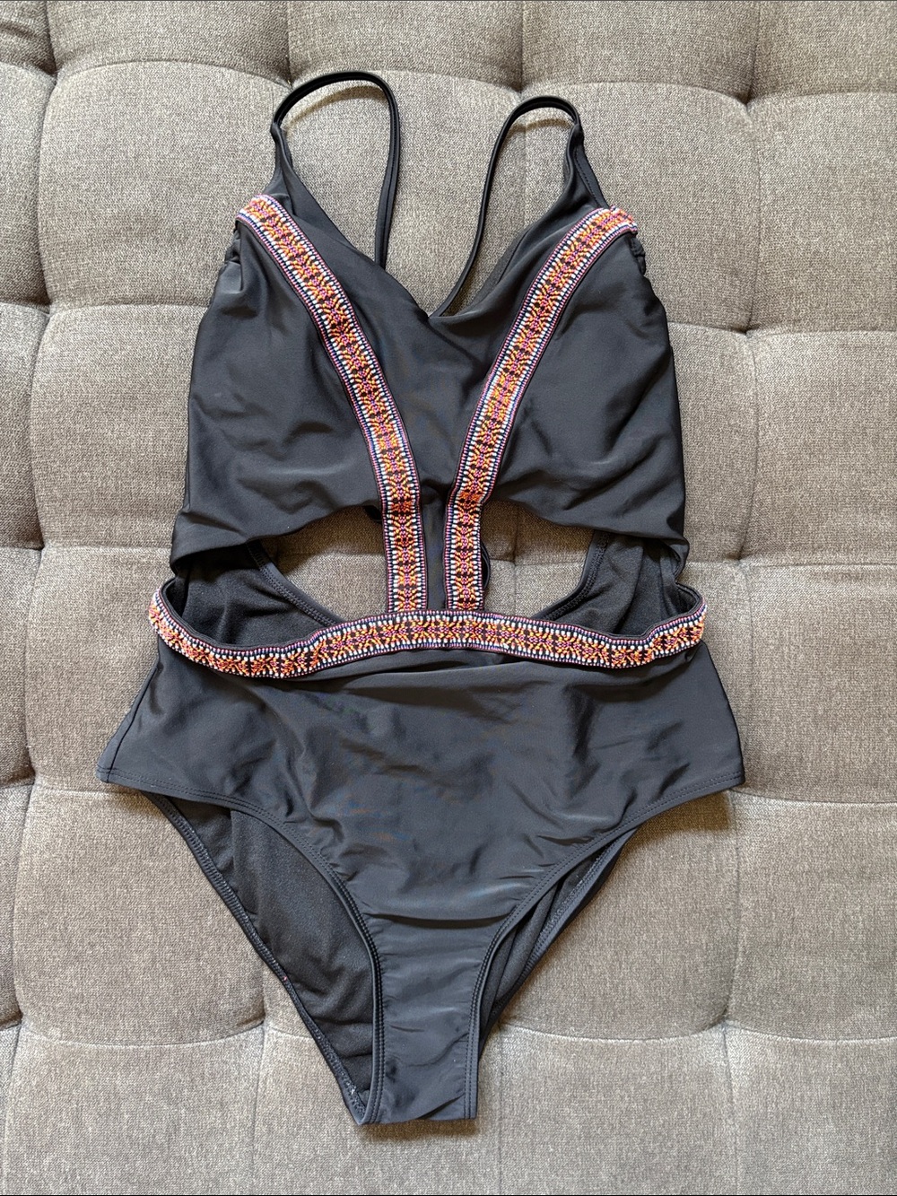 Xhilaration Black One-Piece Cut-out Swimsuit with Multicolor Beaded Trim